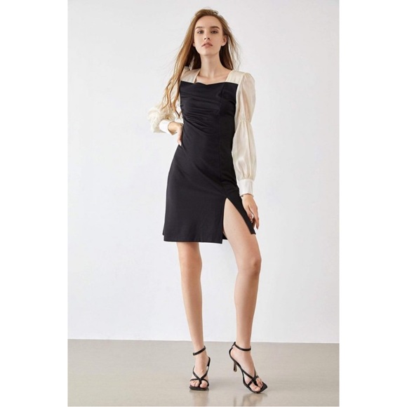 J.ING Black & White Shiny Iridescent Ivory Long Sleeve Ruched Dress Mini Dress M - Picture 16 of 17